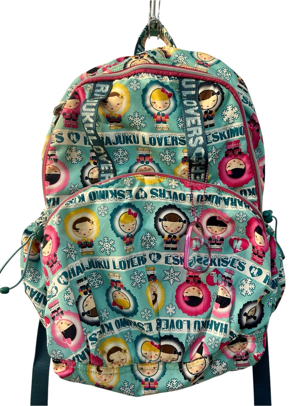 HARAJUKU LOVERS Eskimo Kisses Print Backpack w/Heart Mirror Bag Charm Snowflakes